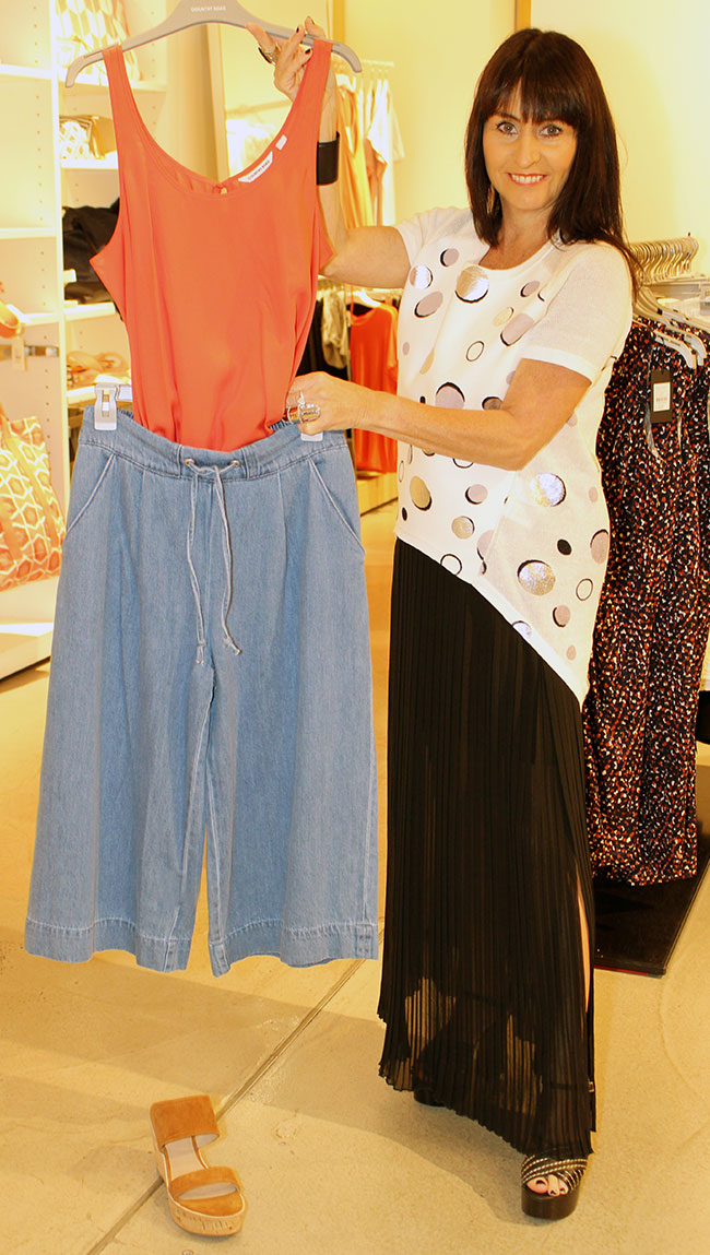 Country Road top $79.95, denim culottes $129.95 and wedges $134.25
