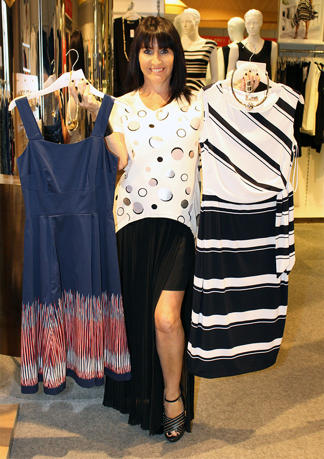 Jacqui E navy dress $99.95 and gold necklace $29.95, black and white dress $69.95 and necklace $34.95