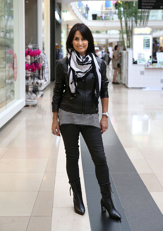 Jeans West leather jacket $299 with scarf $399.99, black skinny leg jeans $100 with Jo Mercer boots