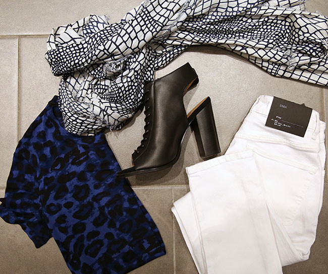 Saba shoes $249, scarf $69, top $69 and jeans $159